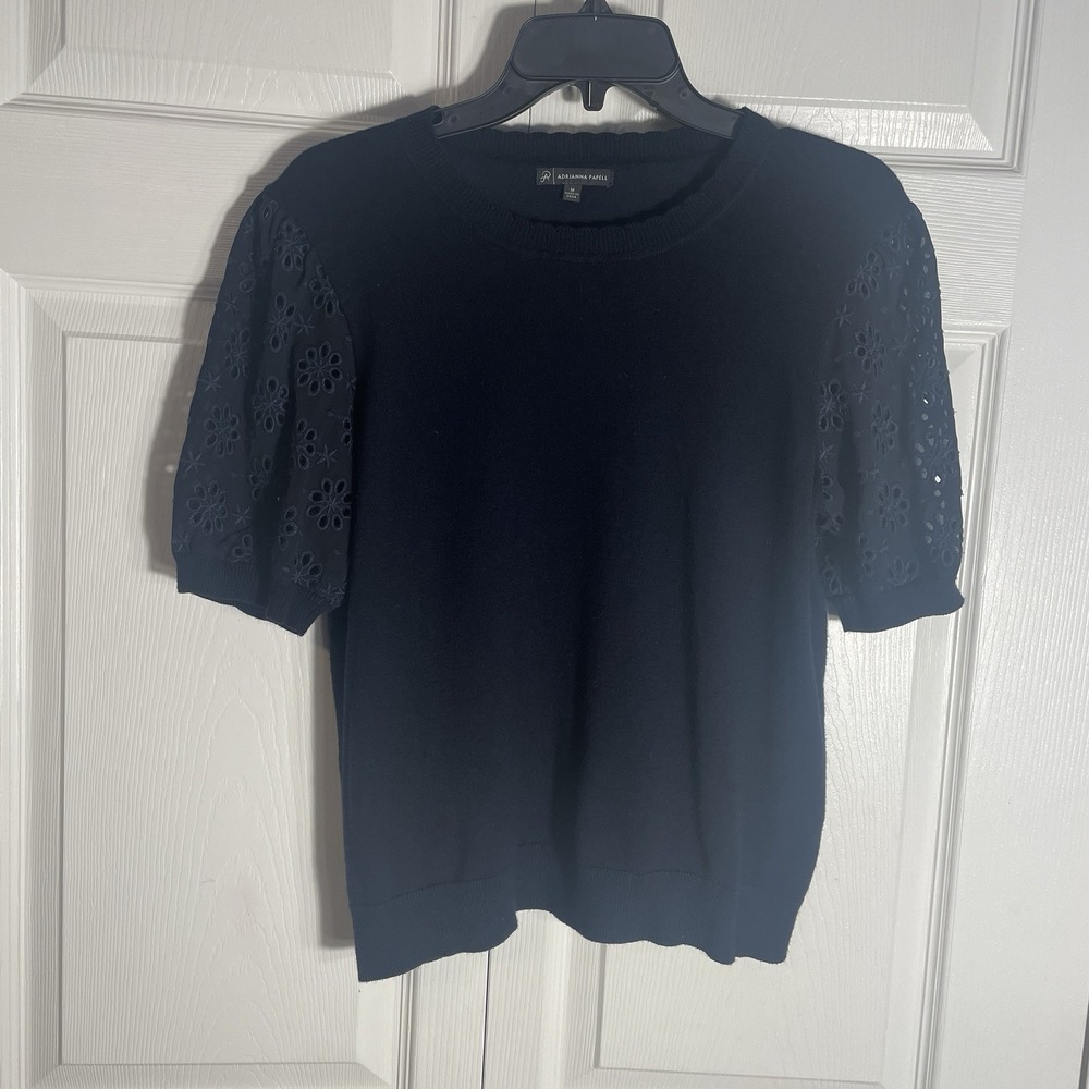 Adrianna Papell Eyelet Sleeve Shirt Women M Blue Knit Pullover Round Neck Top